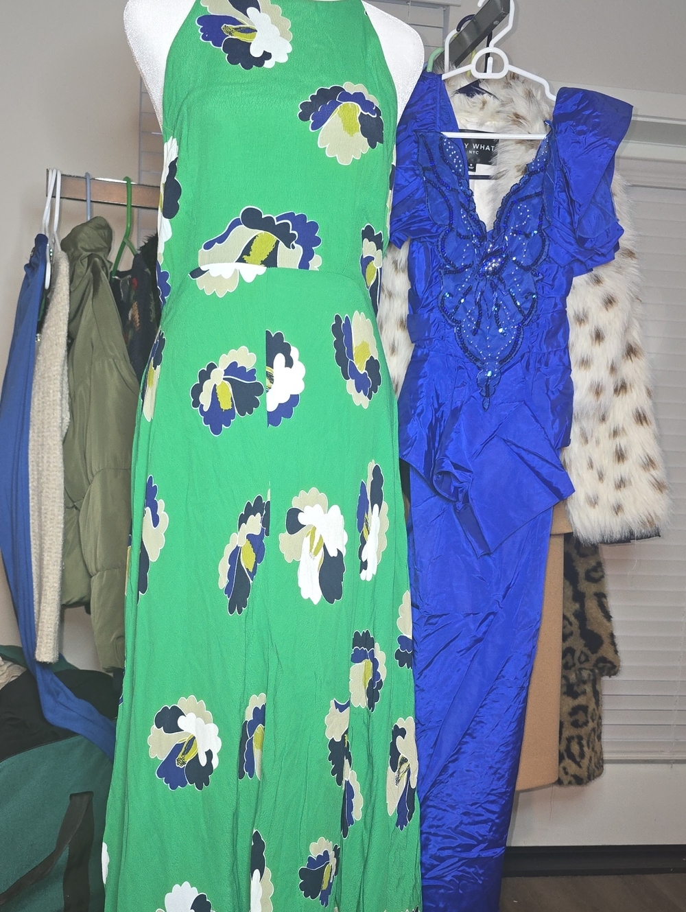 Green Floral Halter Maxi Dress with Navy and Cream Accents Bel Kazan